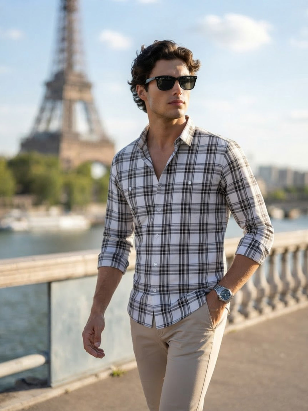 Cream Brown Checked Casual Shirt with Dual Chest Pockets
