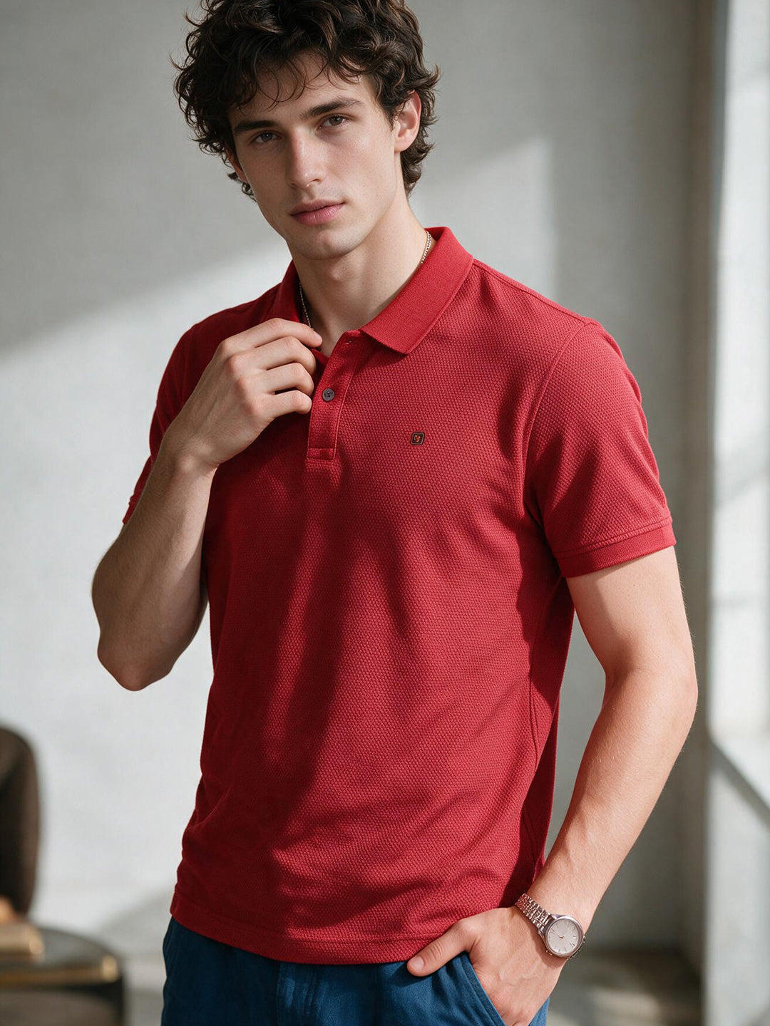 Brick Maroon Textured Polo T Shirt