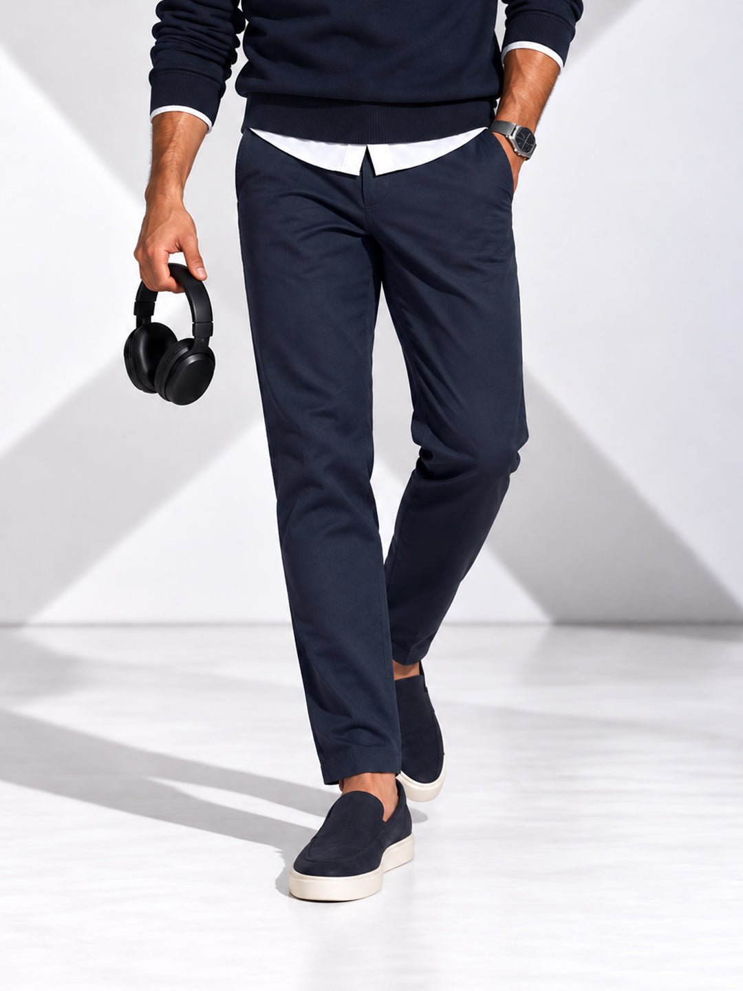 Navy Indigo Solid Casual Trousers