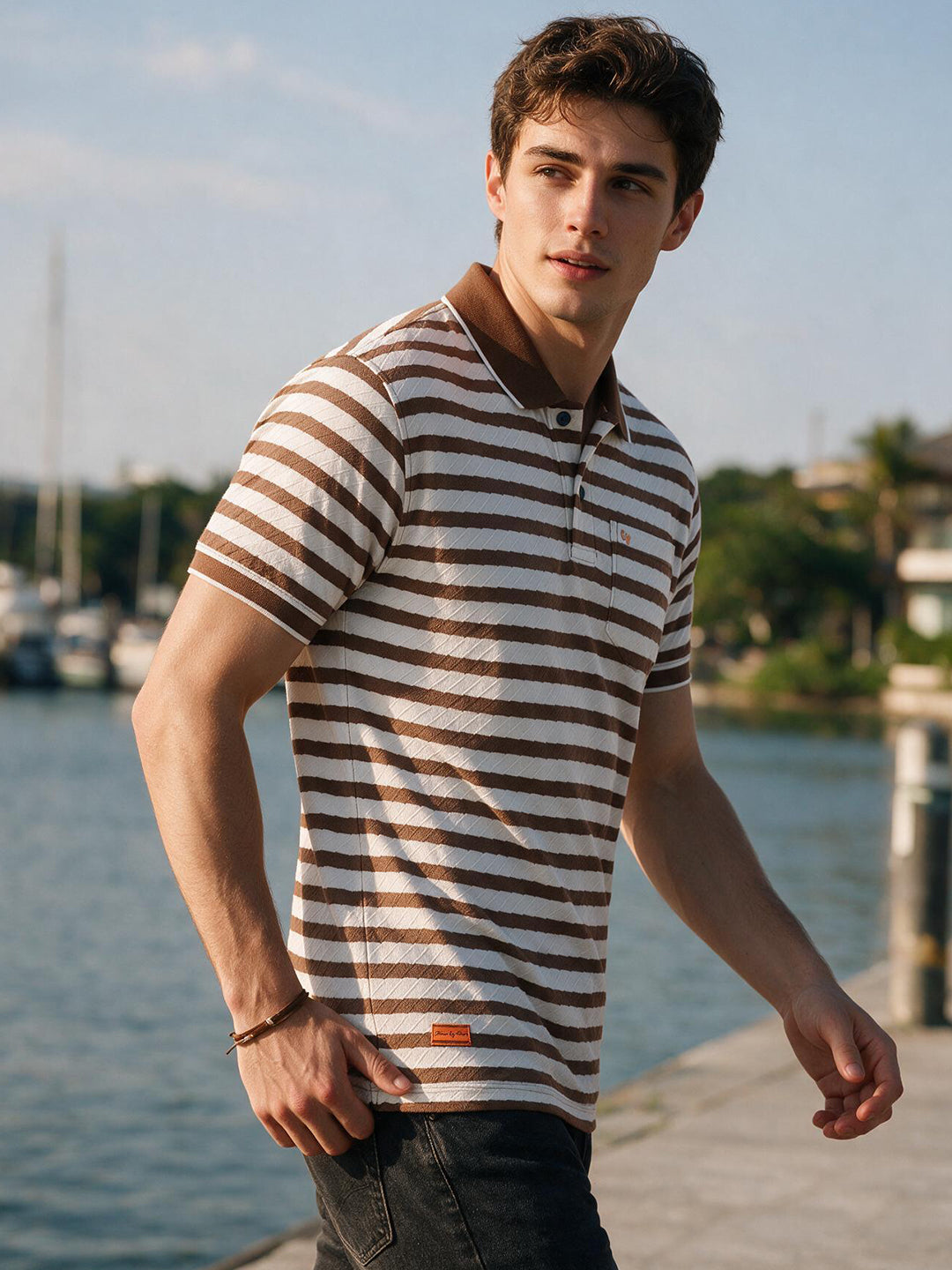 Dark Brown Horizontal Stripes Polo T Shirt