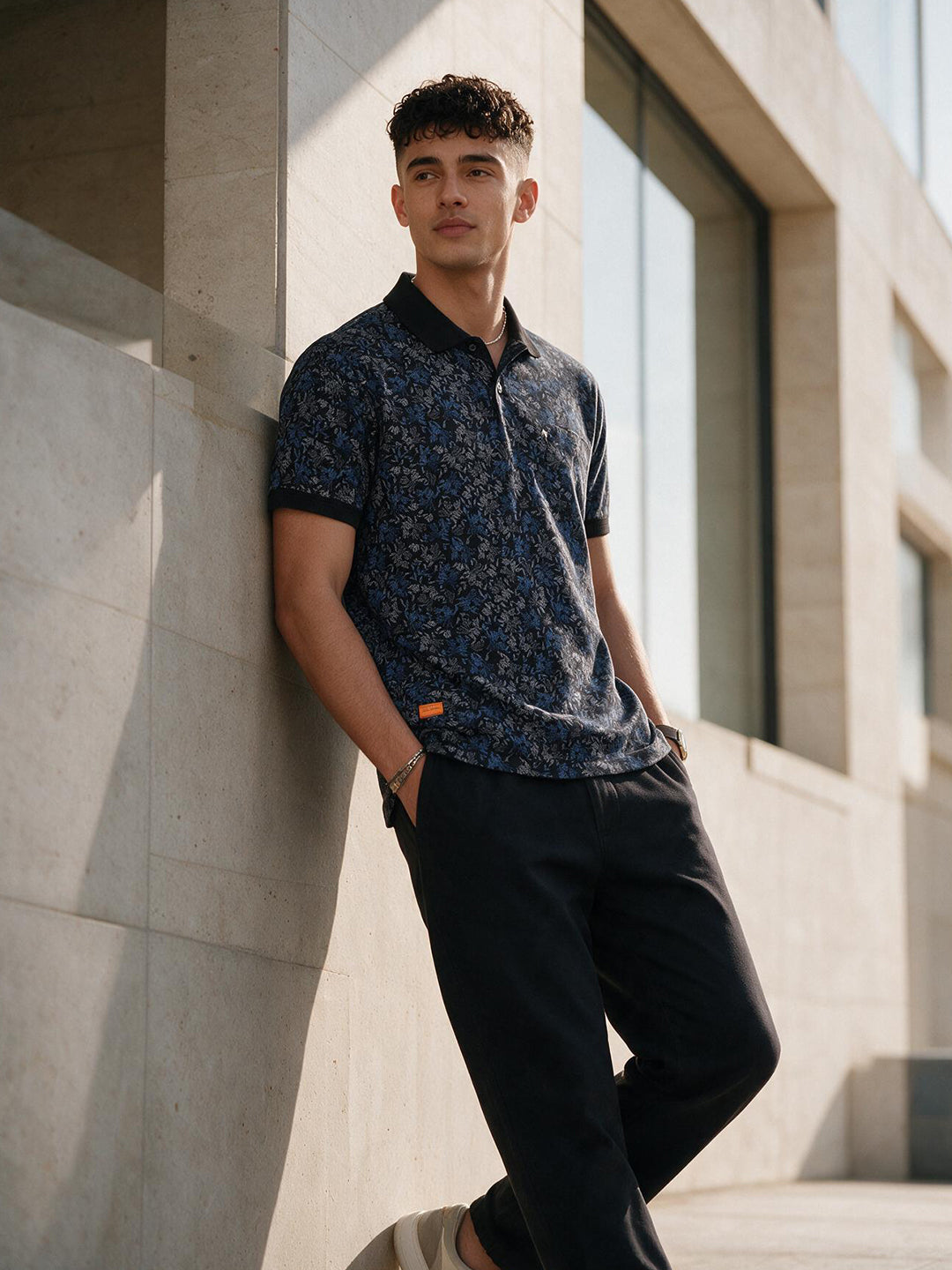 Black with Ink Blue Printed Polo T Shirt