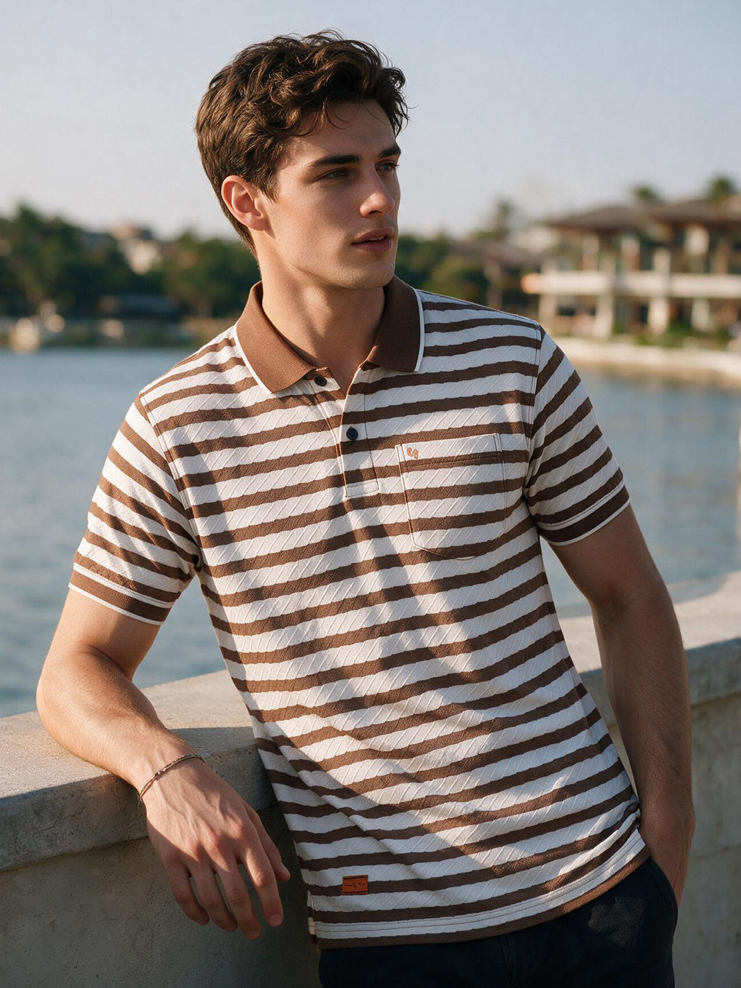 Dark Brown Horizontal Stripes Polo T Shirt