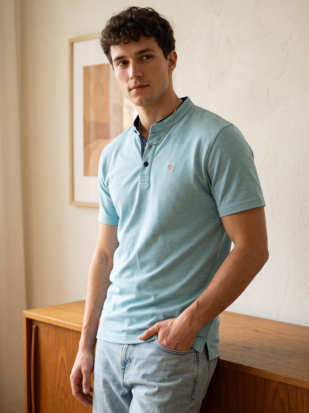 Dusty Teal Blue Textured Polo T Shirt