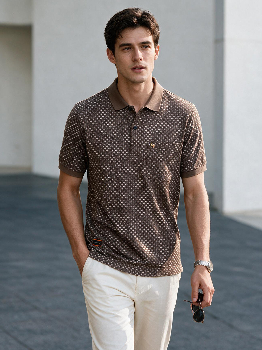 Coffee Brown Textured Printed Polo T Shirt