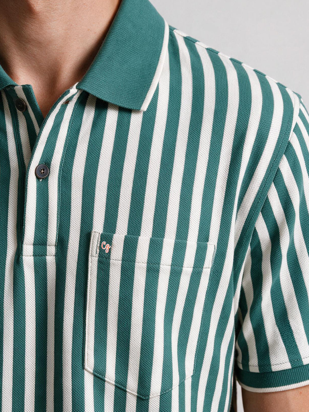 Teal Green and Ivory Stripes Polo T Shirt