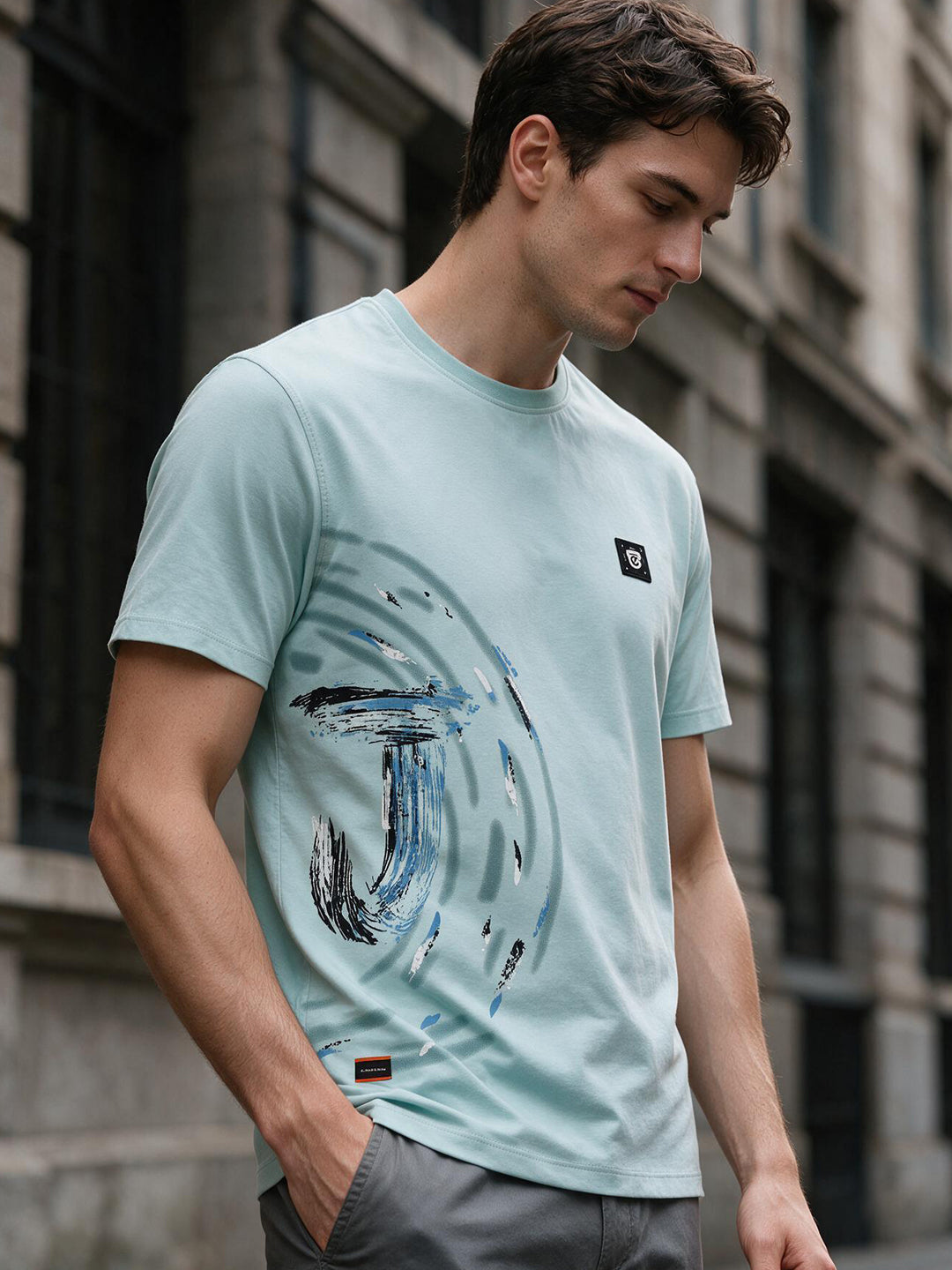 Ice Mint Blue Printed Crew Neck T Shirt
