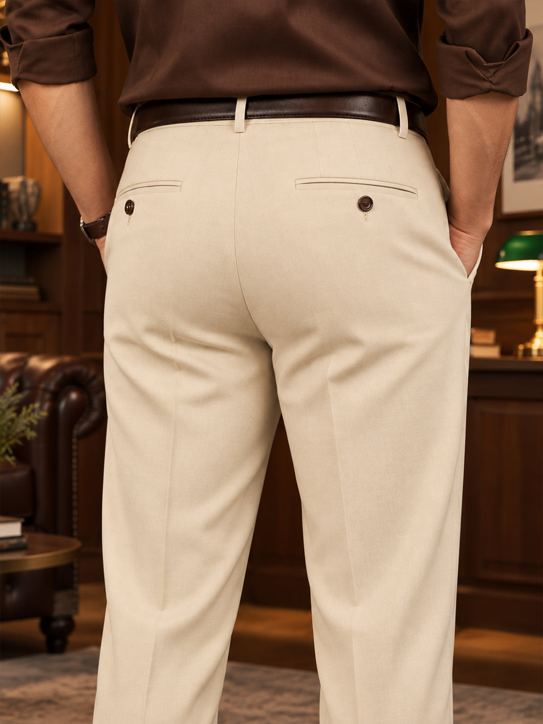 Light Beige Solid Formal Trousers