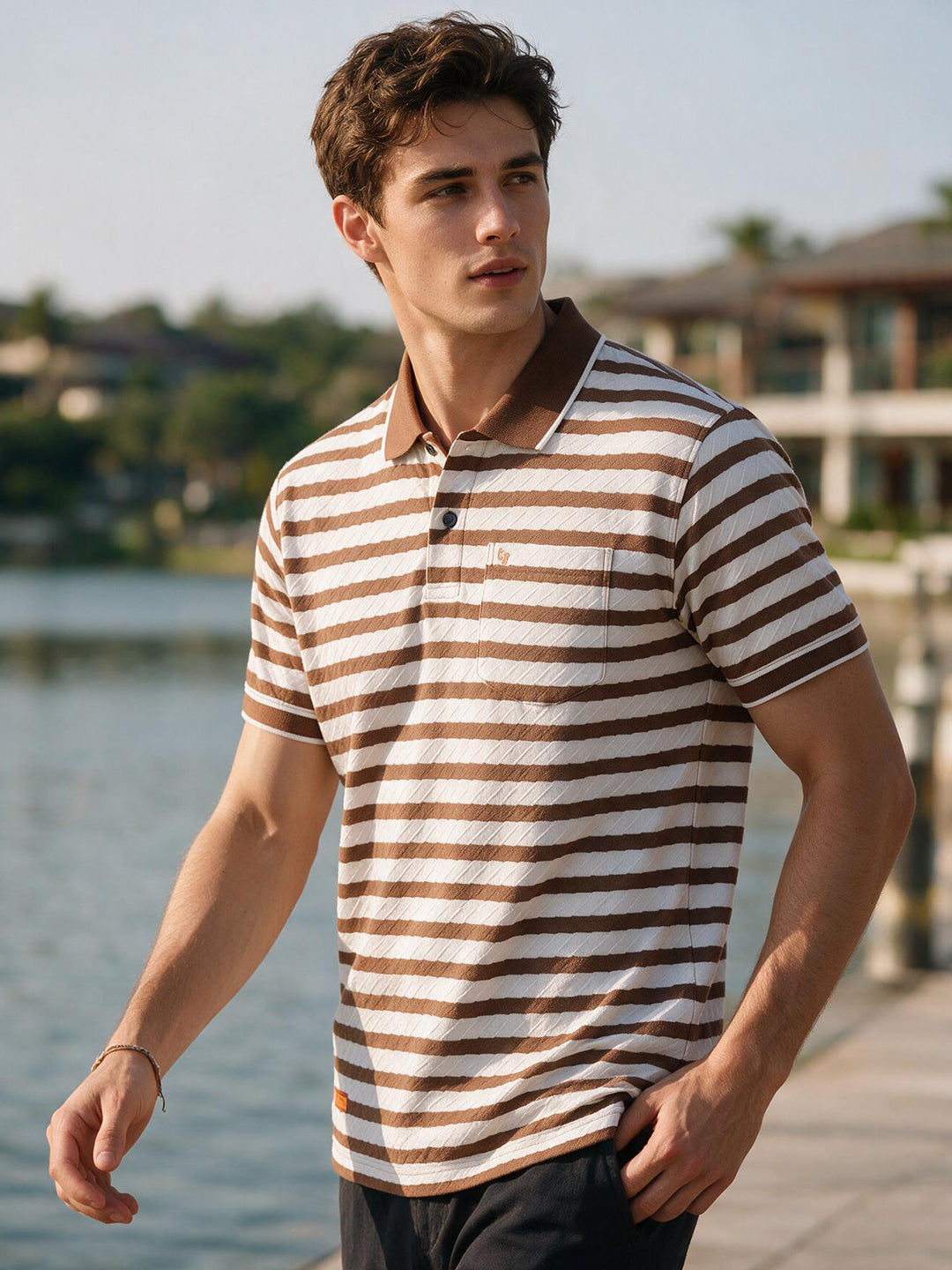Dark Brown Horizontal Stripes Polo T Shirt