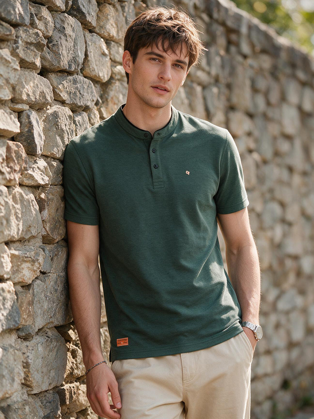 Slate Olive Textured Mandarin T Shirt