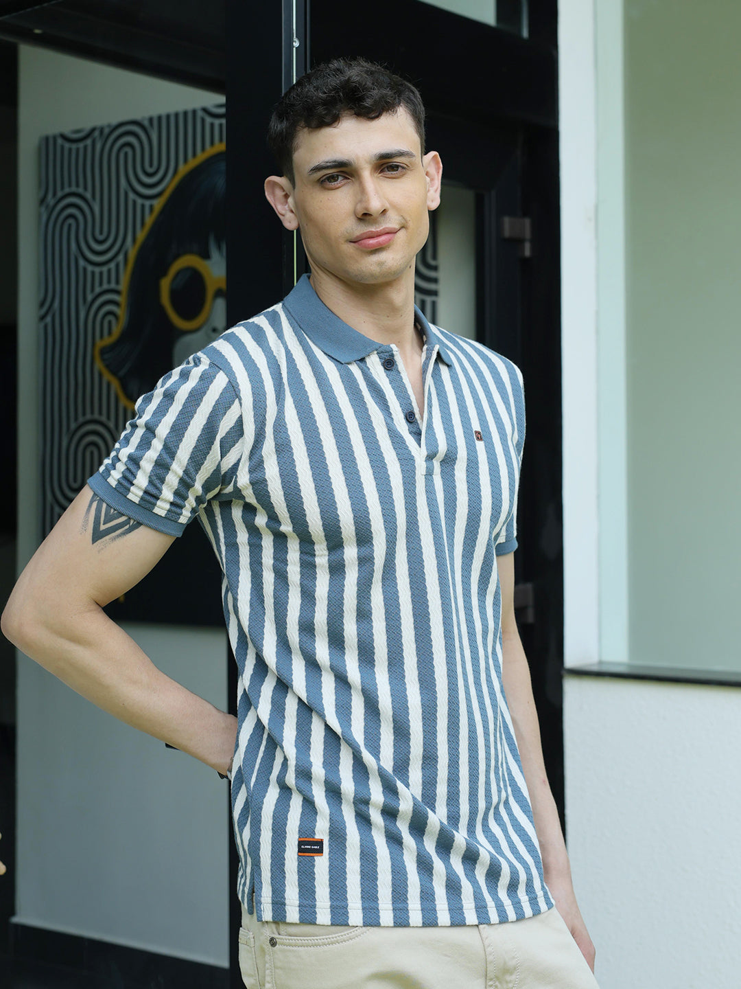 Blue Vertical Stripes Polo T Shirt