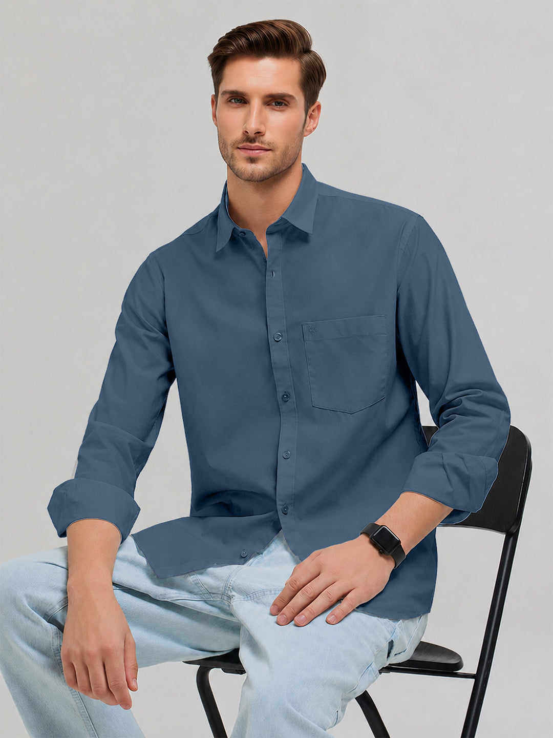 Denim Blue Plain Casual Shirt