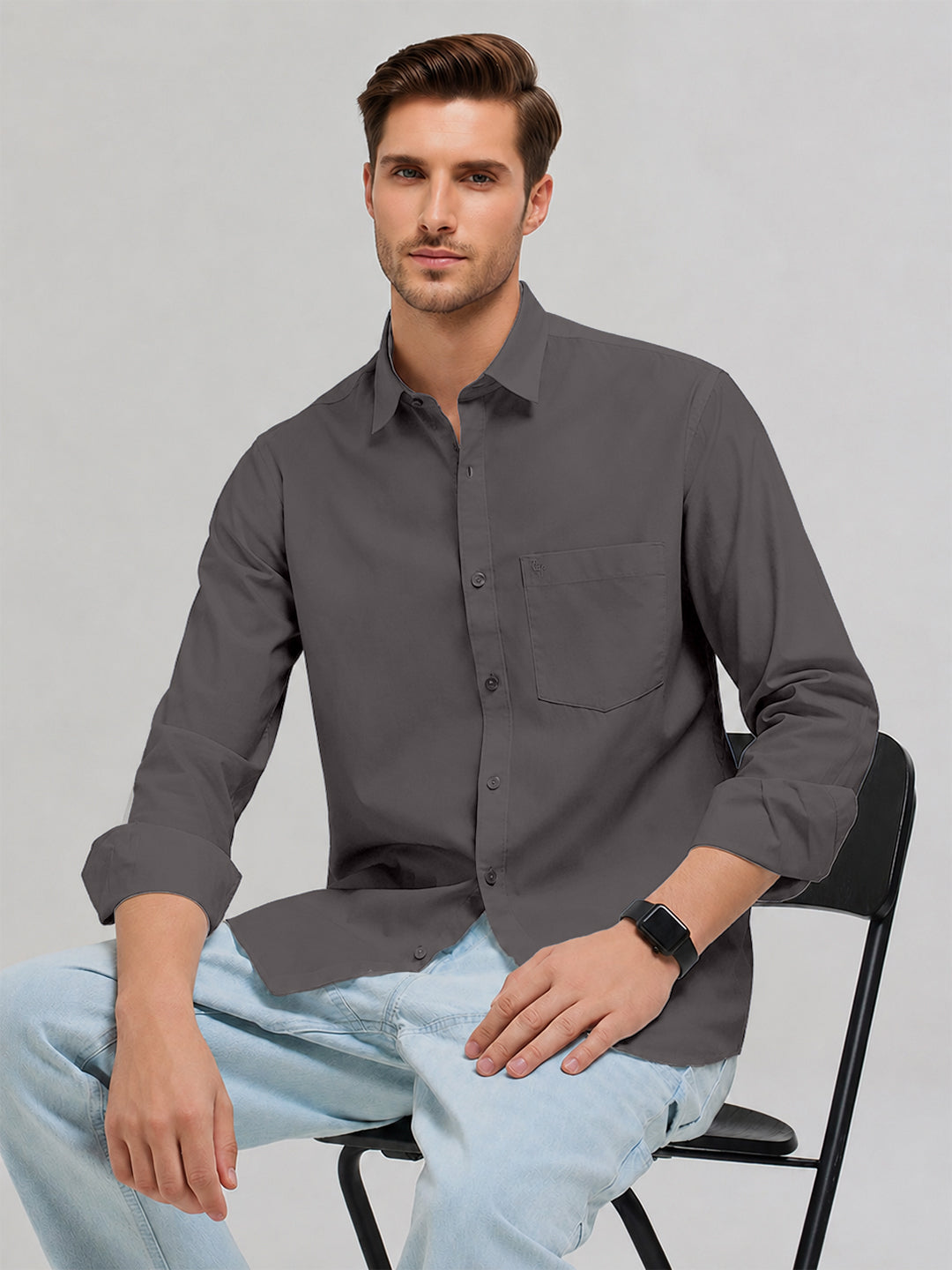 Dim Gray Plain Casual Shirt
