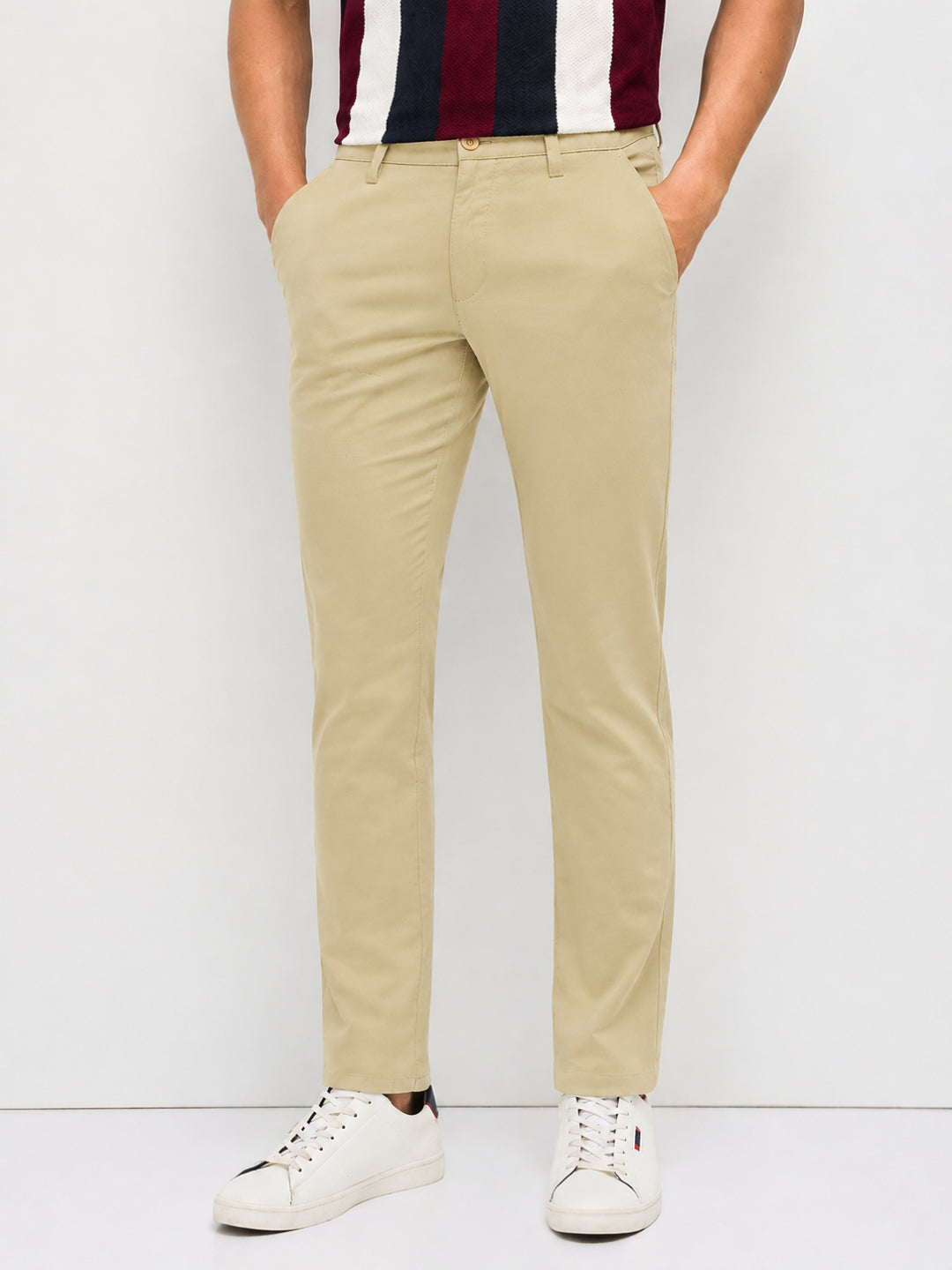 Light Beige Solid Casual Trousers