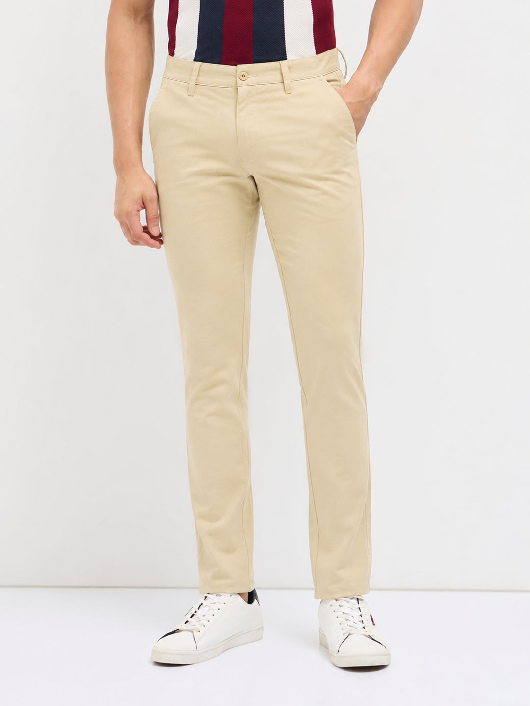 Light Beige Solid Casual Trousers