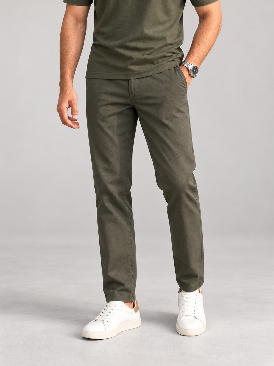 Charcoal Green Solid Casual Trousers