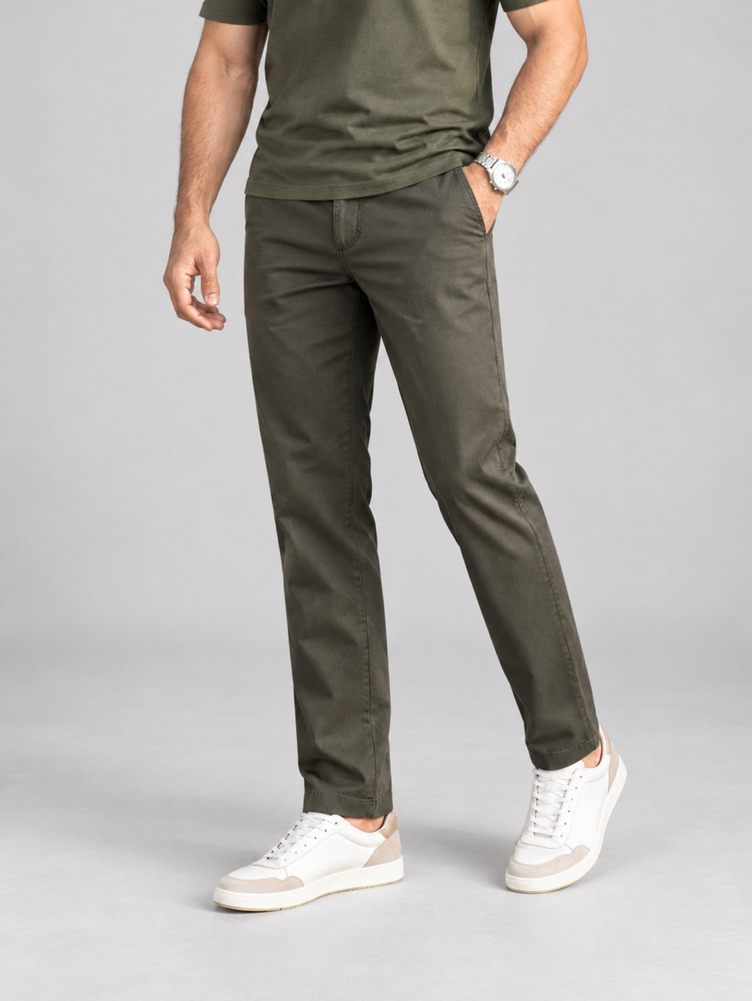 Charcoal Green Solid Casual Trousers
