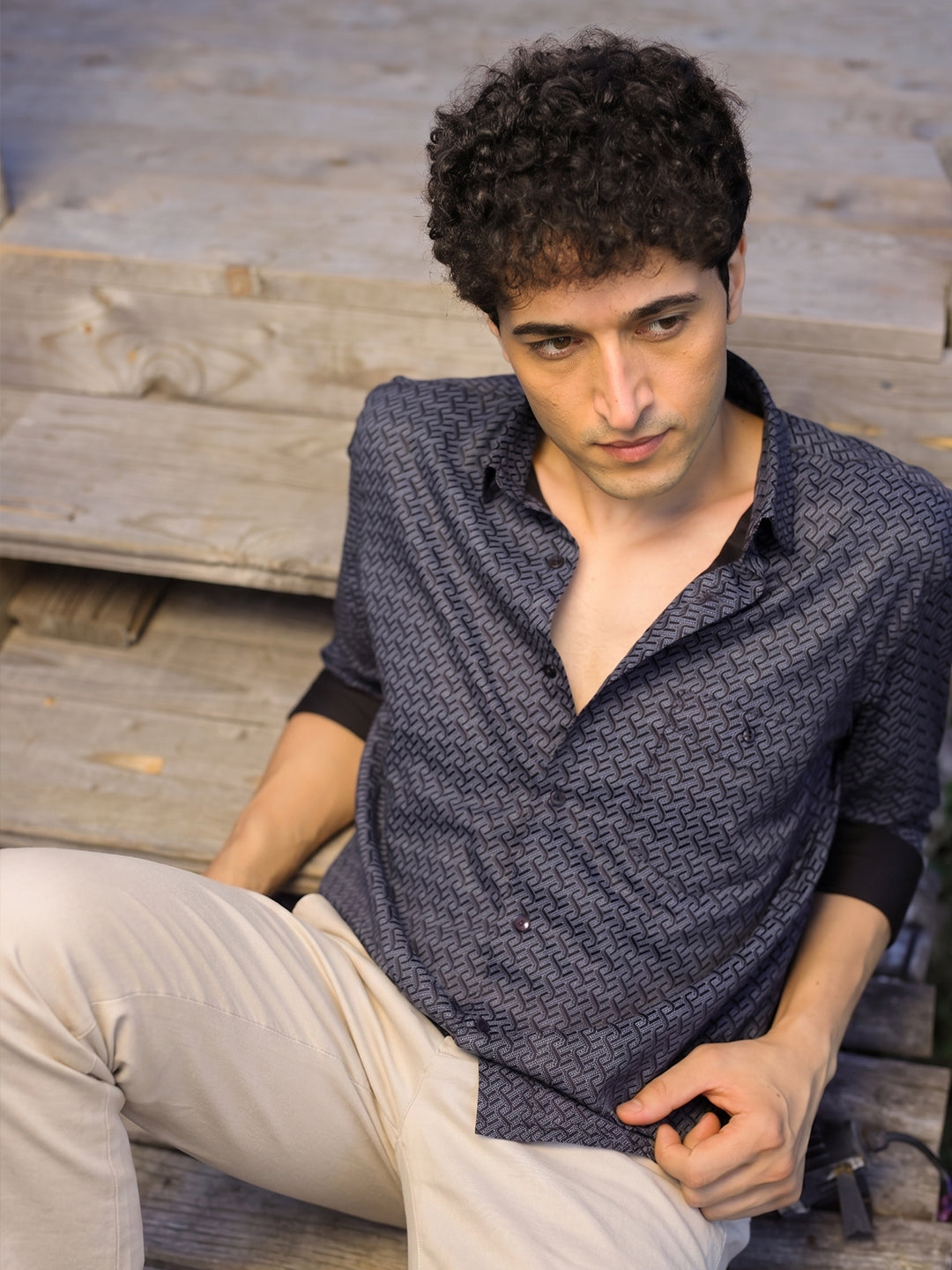Steel Grey Weave Geometric Printed Casual Shirt