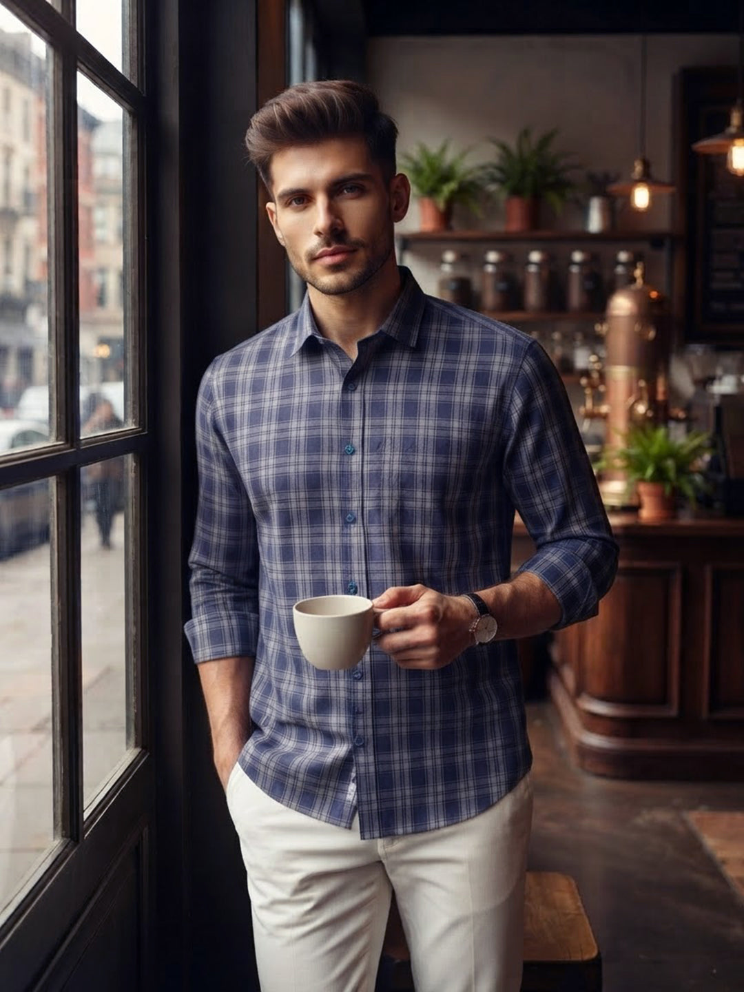 Deep Indigo Blue Checked Casual Shirt