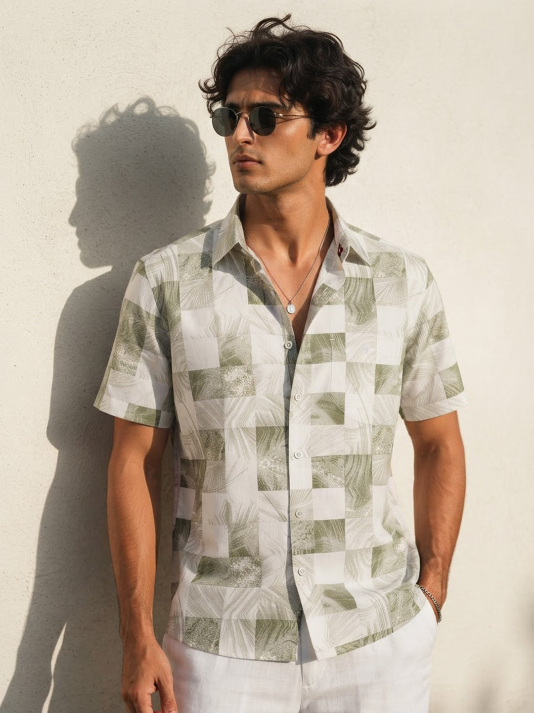 Ivory and Sage Green Printed Casual Shirt
