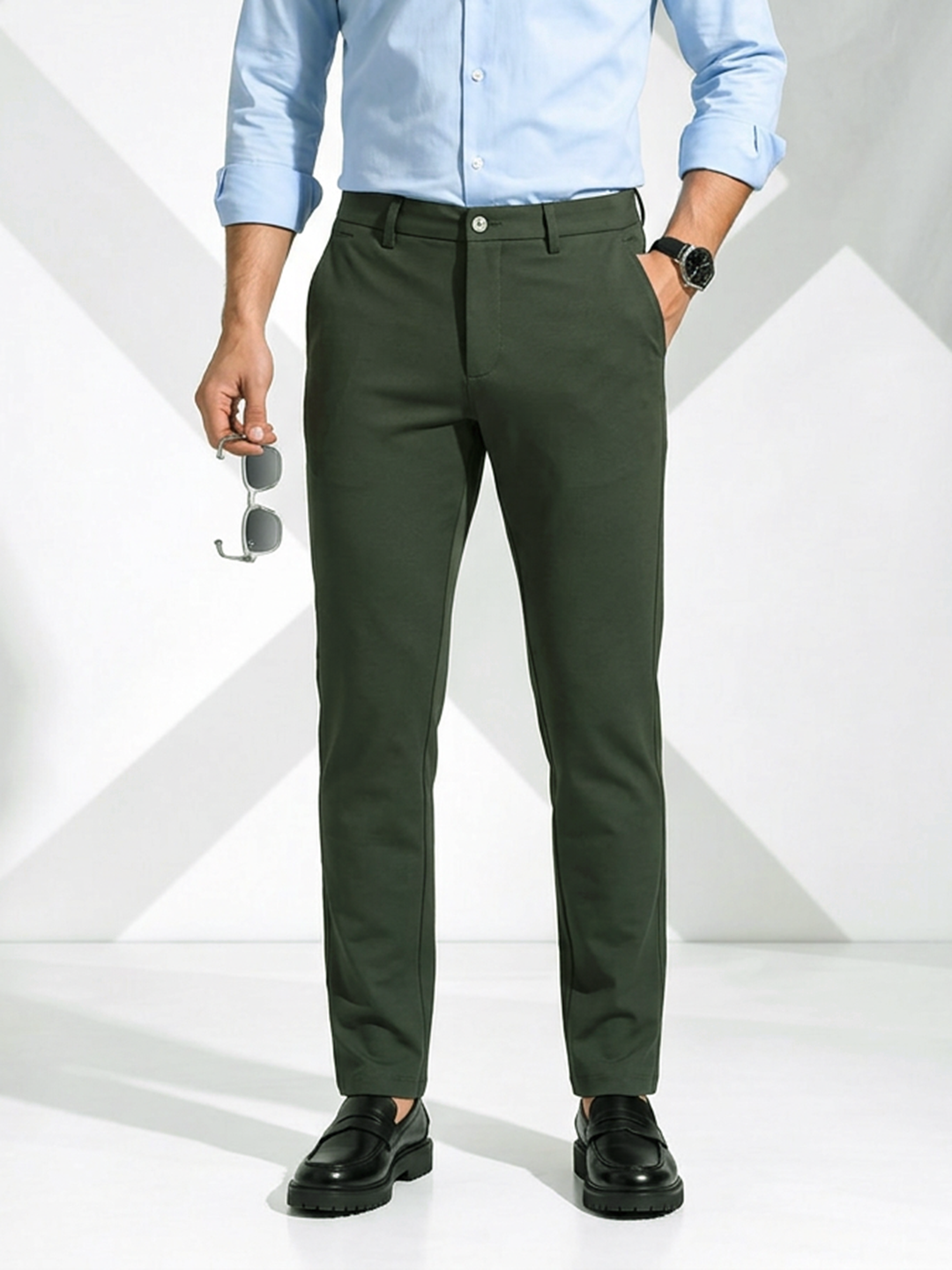 Dark Olive Solid Casual Trousers