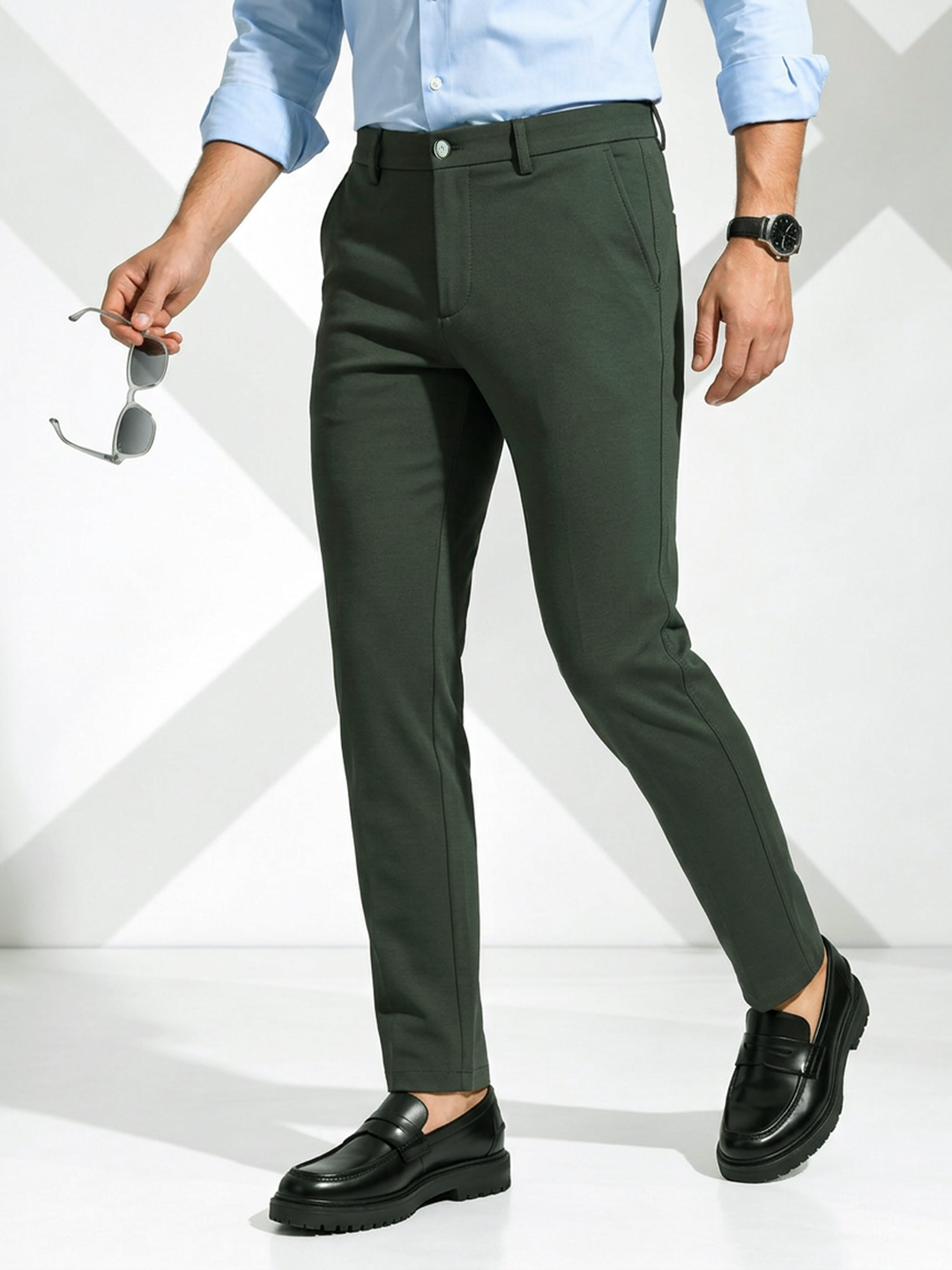 Dark Olive Solid Casual Trousers