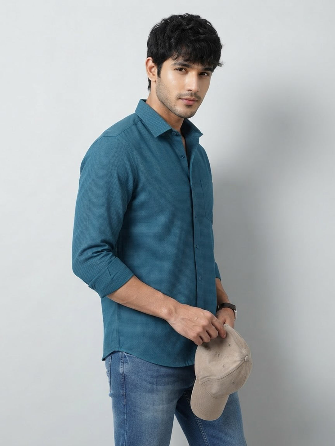 Deep Teal Blue Cube Checked Casual Shirt