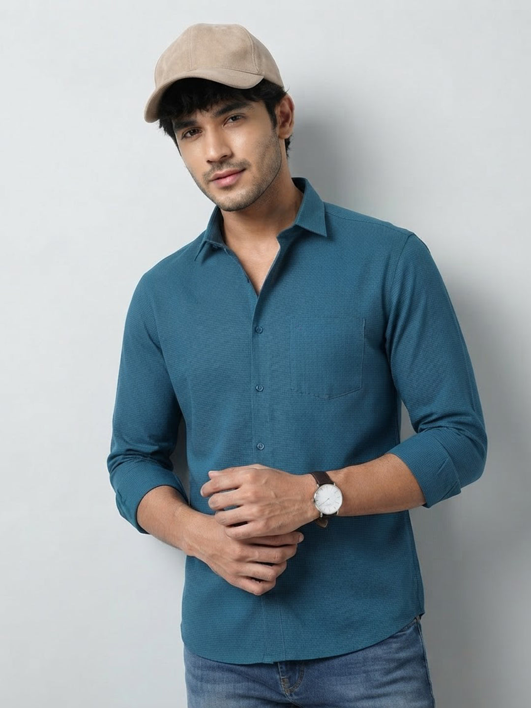 Deep Teal Blue Cube Checked Casual Shirt