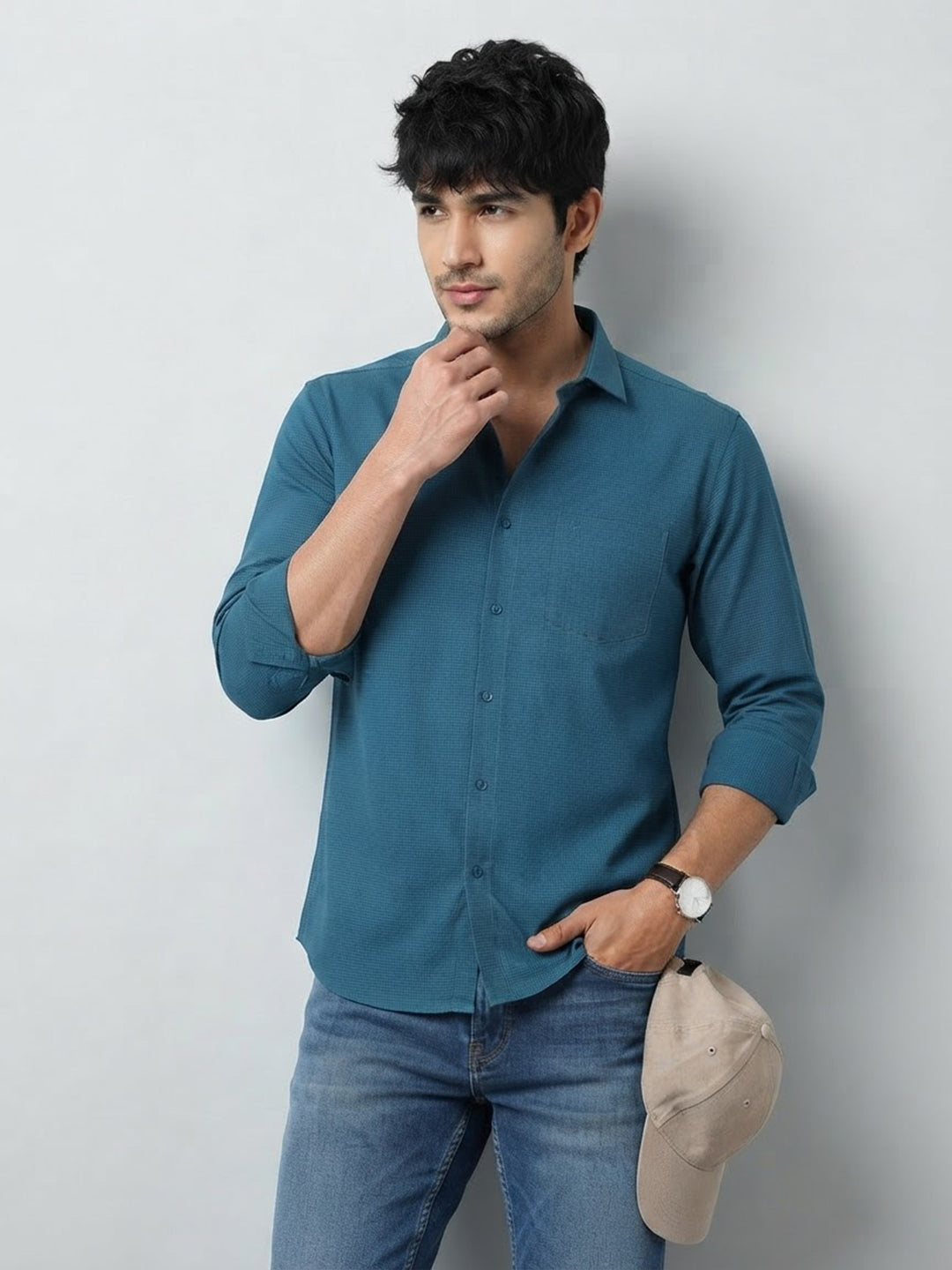 Deep Teal Blue Cube Checked Casual Shirt
