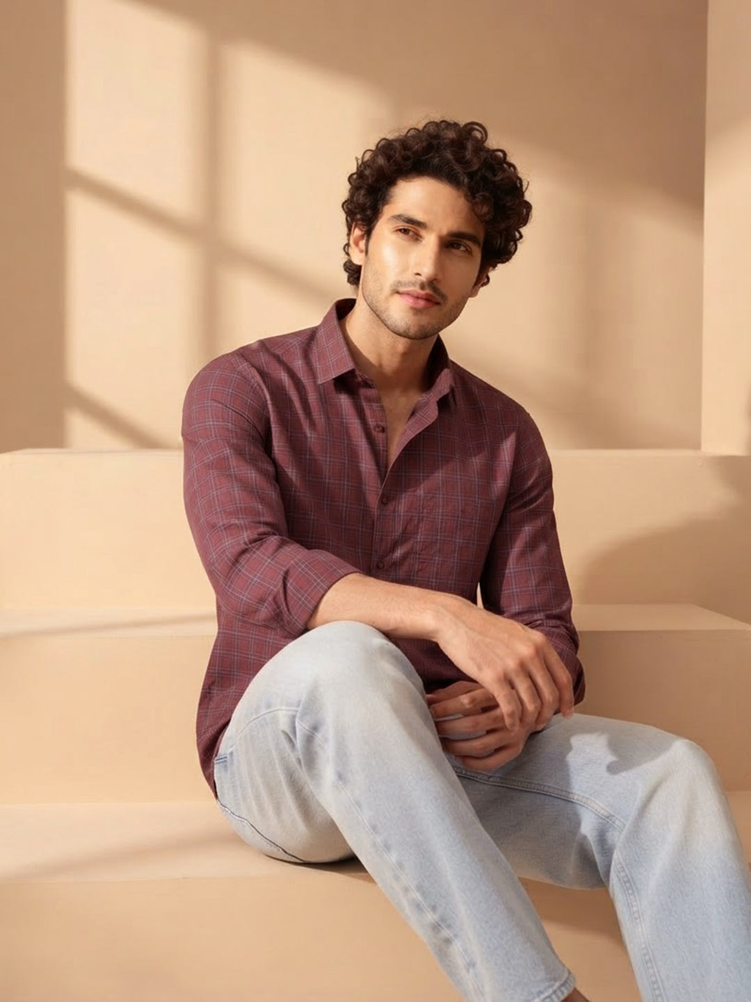 Burgundy Red Checked Casual Shirt
