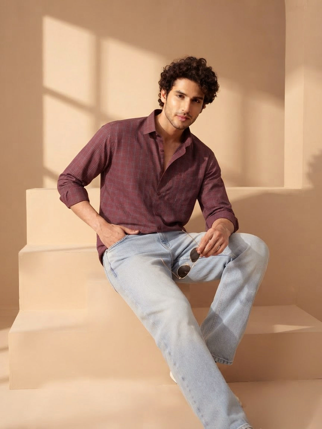 Burgundy Red Checked Casual Shirt
