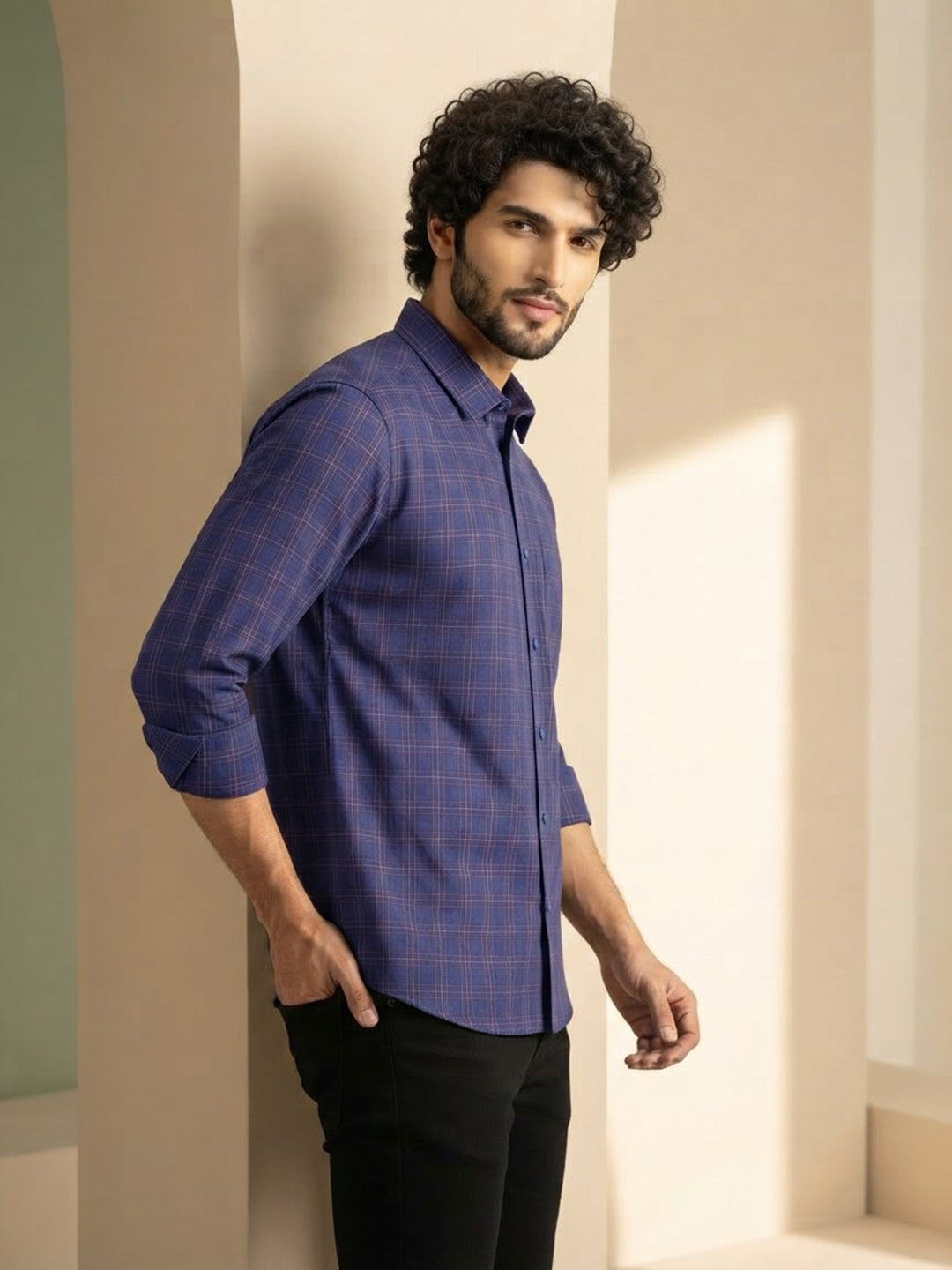 Navy Blue Checked Casual Shirt