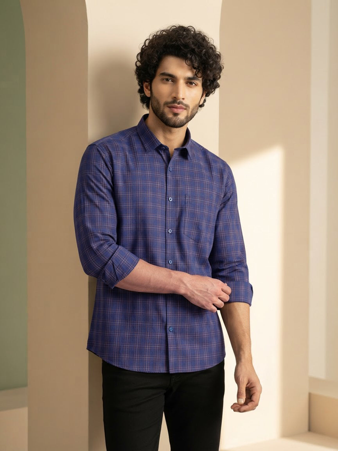 Navy Blue Checked Casual Shirt