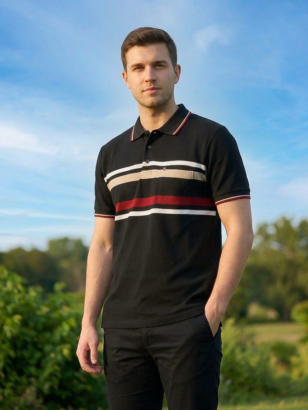 Black Horizontal Stripes Polo T Shirt