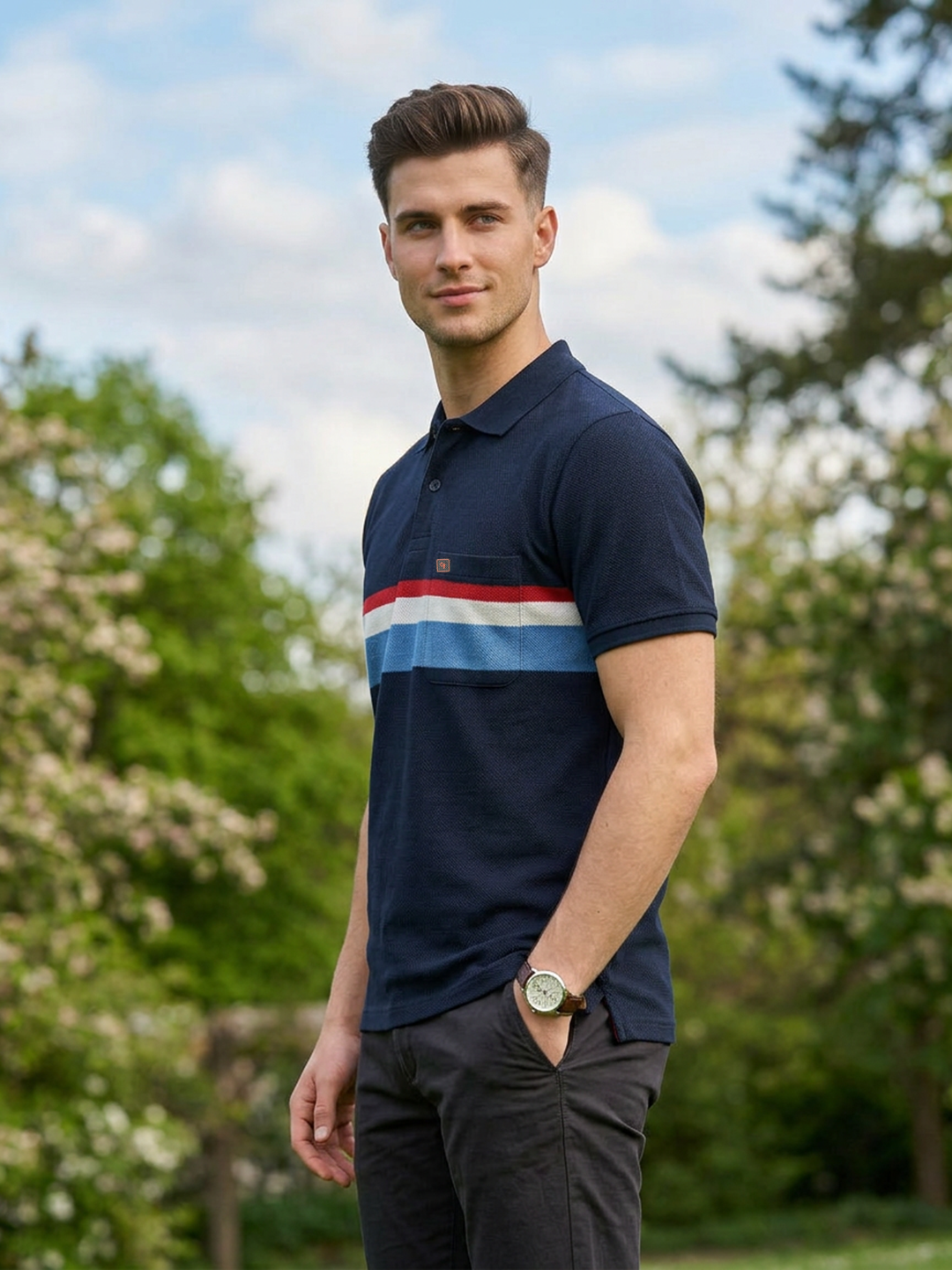 Deep Blue Horizontal Stripes Polo T Shirt