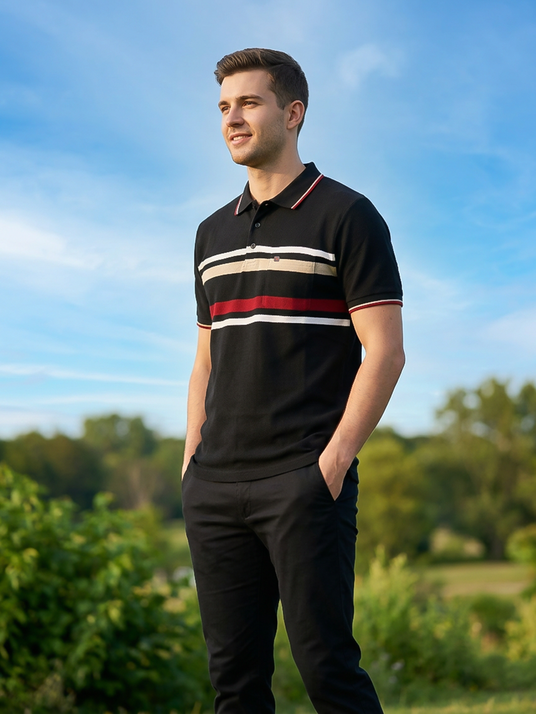 Black Horizontal Stripes Polo T Shirt