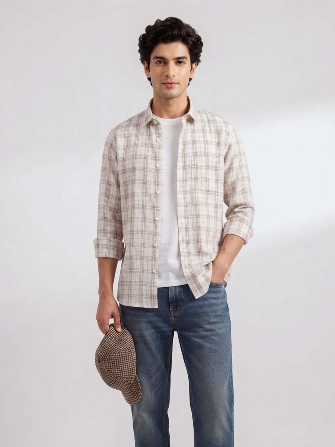 Taupe Beige and Cream Checked Casual Shirt