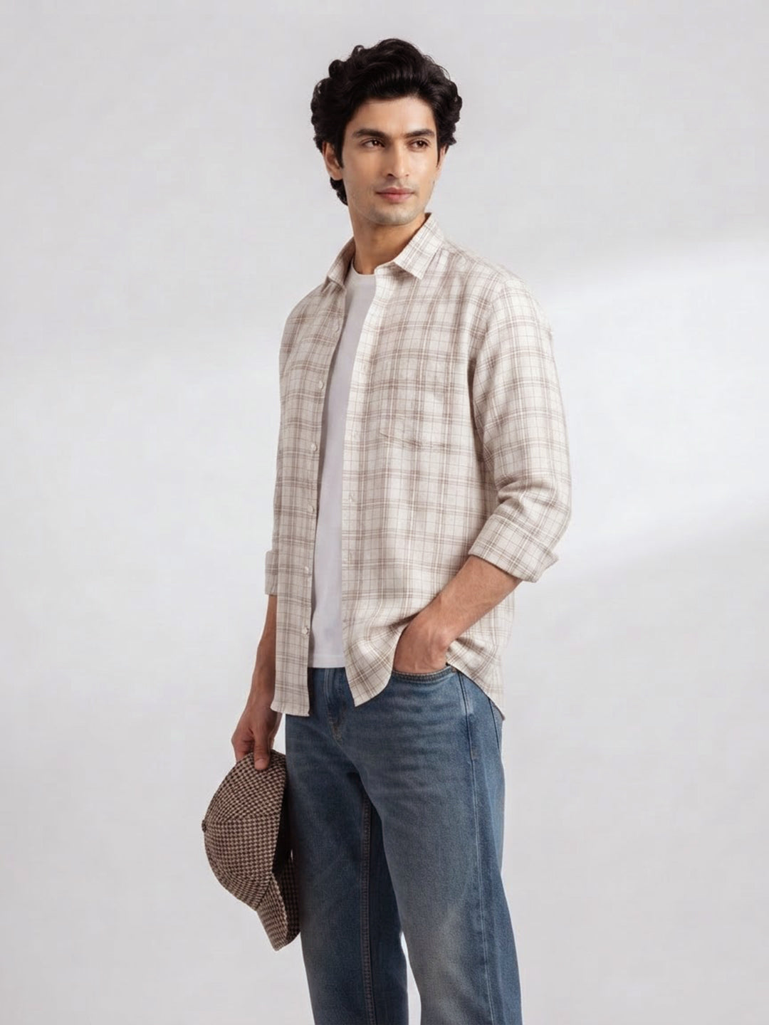 Taupe Beige and Cream Checked Casual Shirt