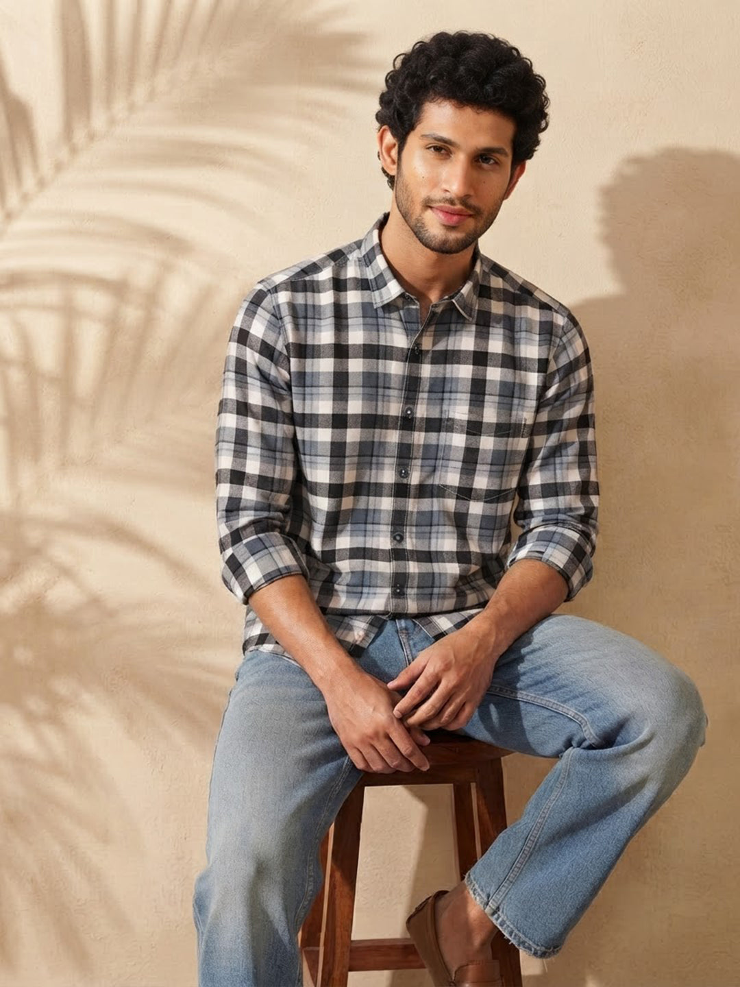 Charcoal Blue and Grey Checked Casual Shirt