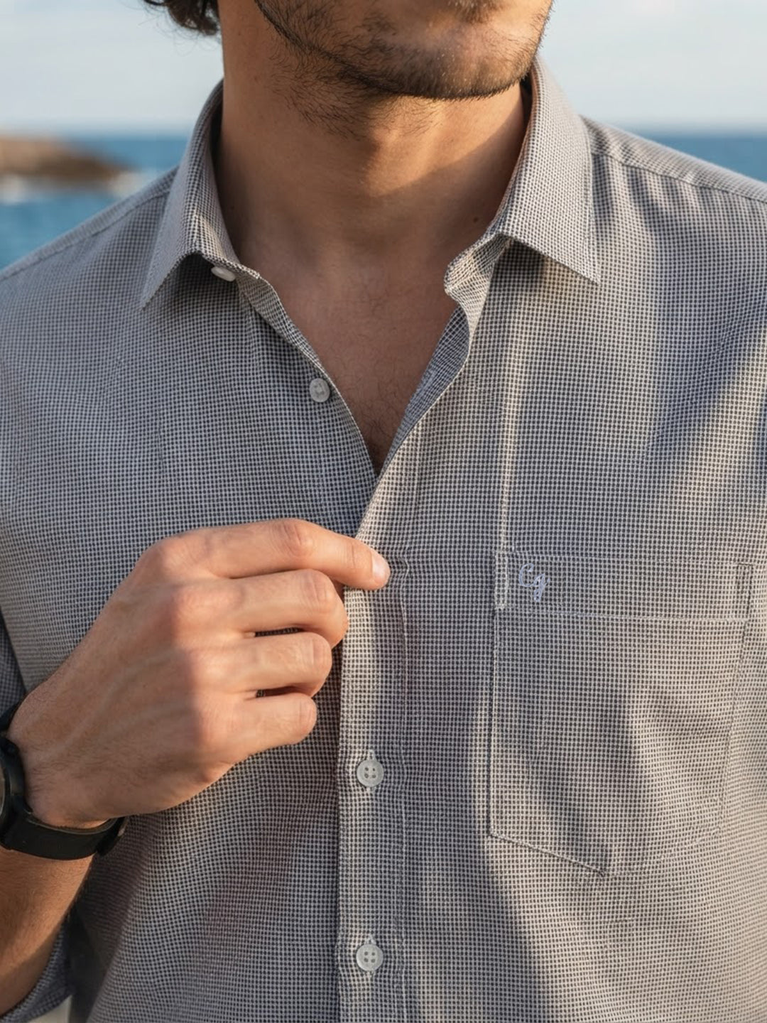 Light Grey and Black Micro Checked Printed Casual Shirt