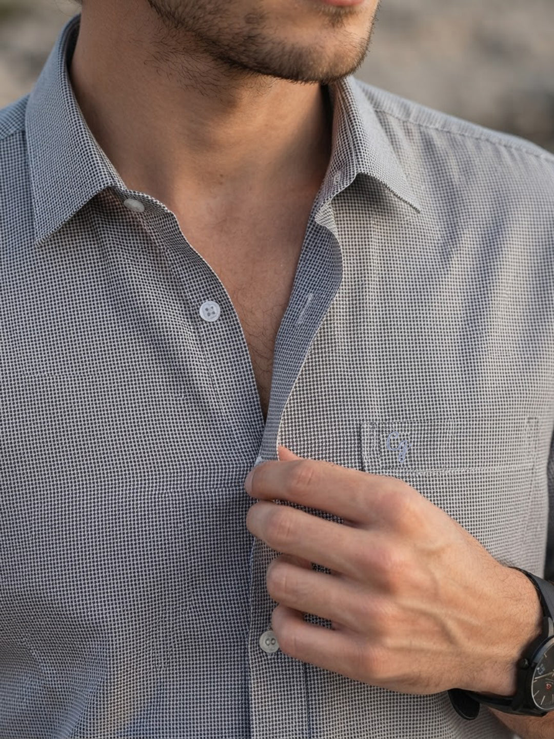 Light Grey and Black Micro Checked Printed Casual Shirt