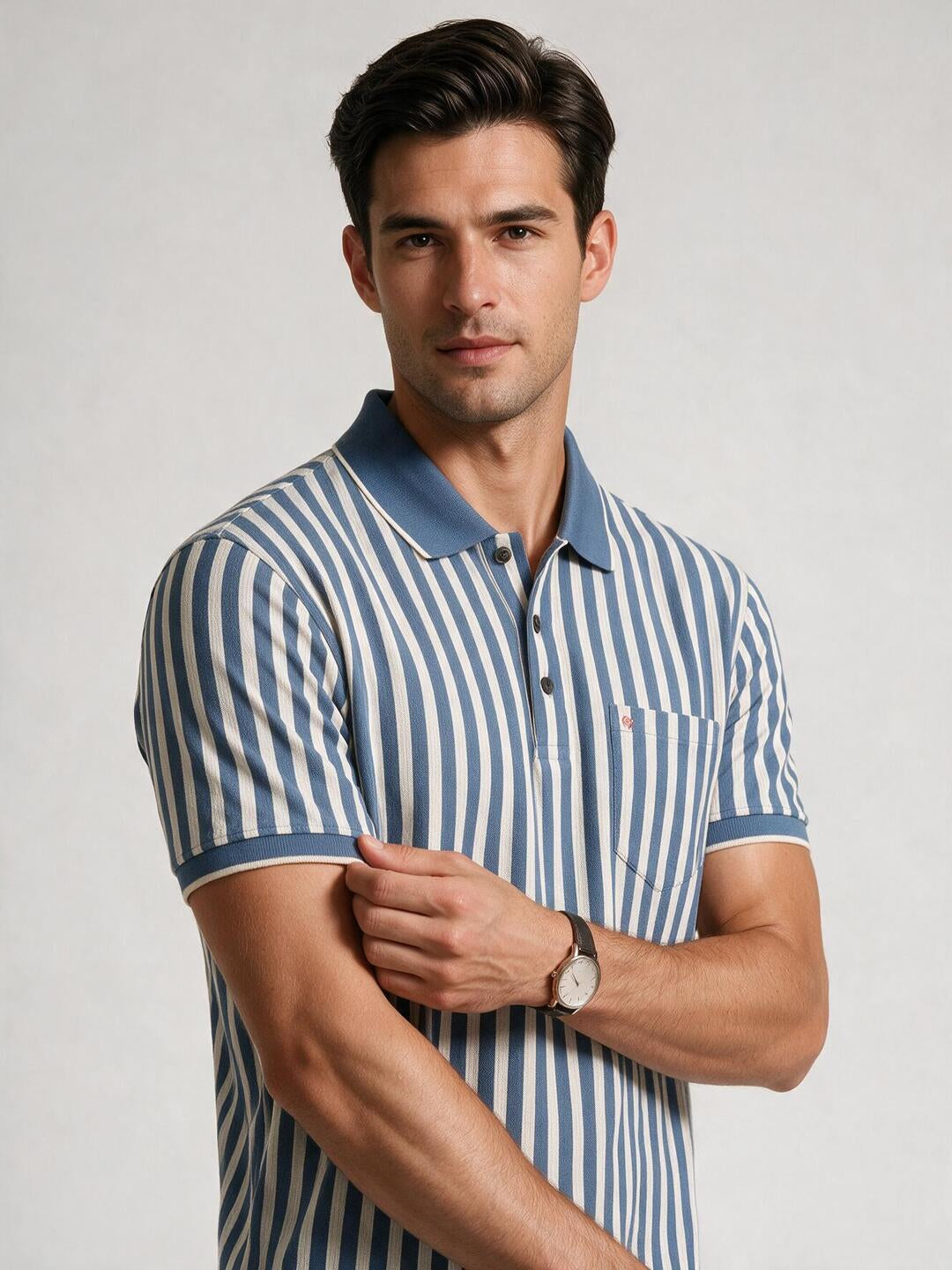 Slate Blue and Cream Striped Polo T Shirt