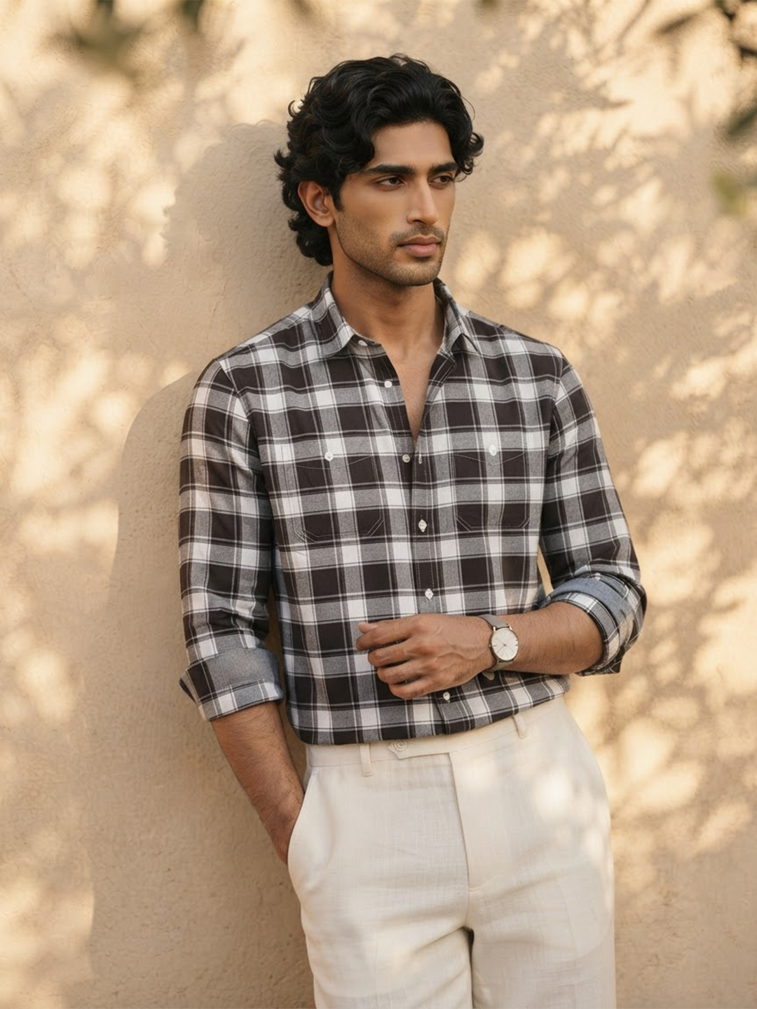 Oak Brown Checked Casual Shirt with Dual Chest Pockets