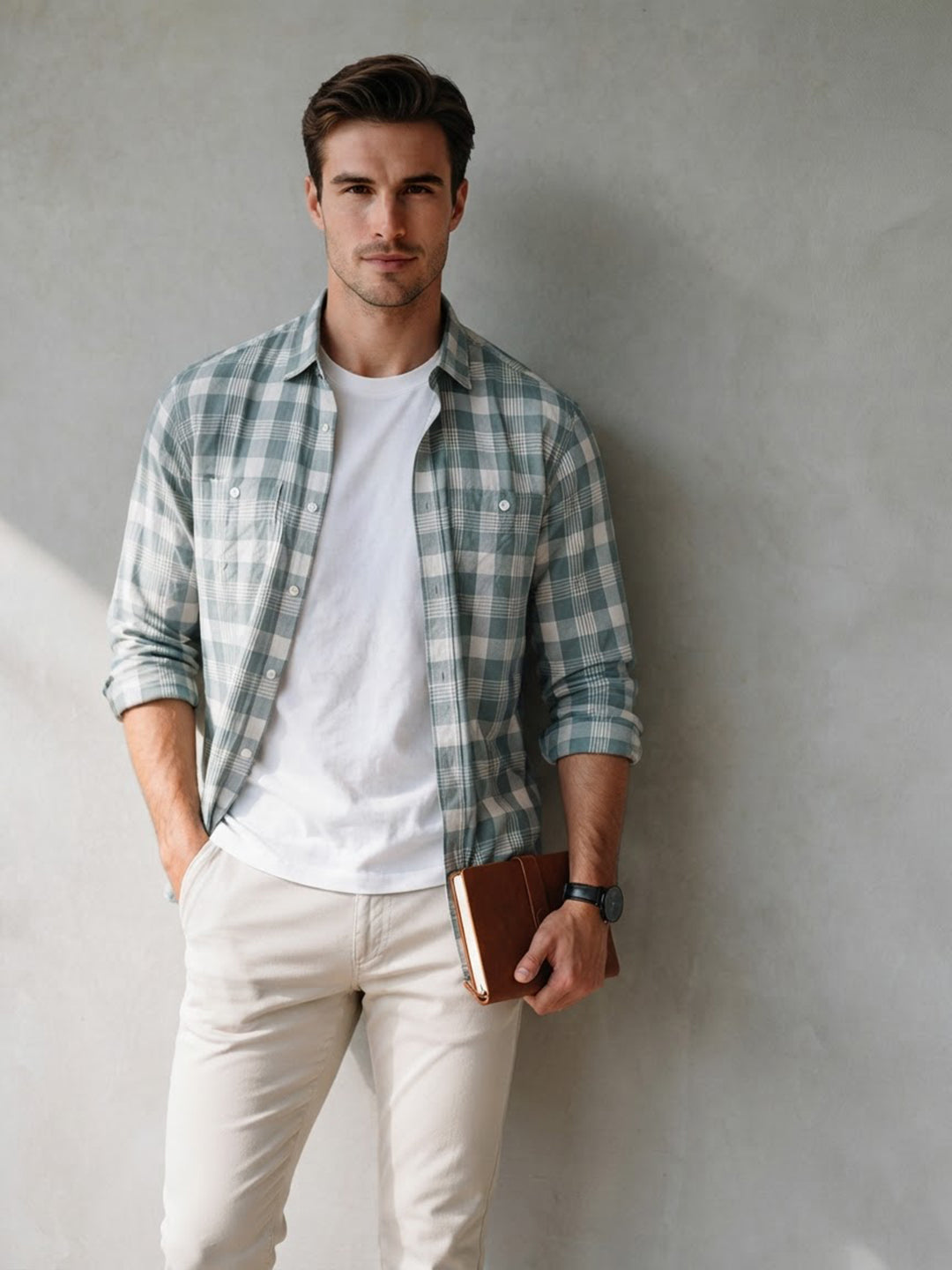 Misty Sage Checked Casual Shirt with Dual Chest Pockets