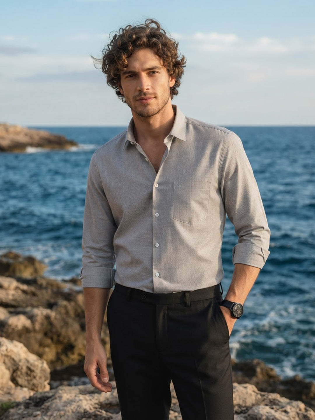 Light Grey and Black Micro Checked Printed Casual Shirt
