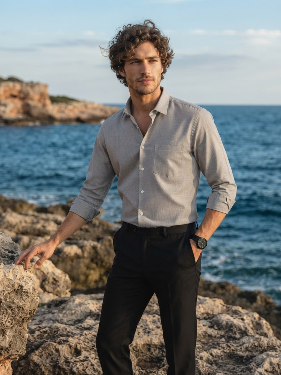 Light Grey and Black Micro Checked Printed Casual Shirt