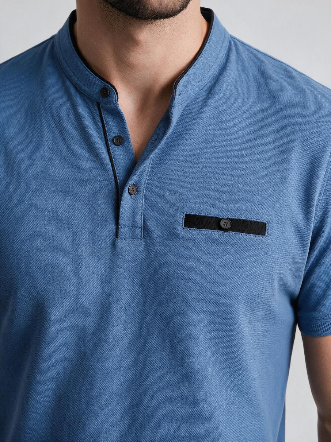 Denim Blue Chinese Polo Collar T Shirt