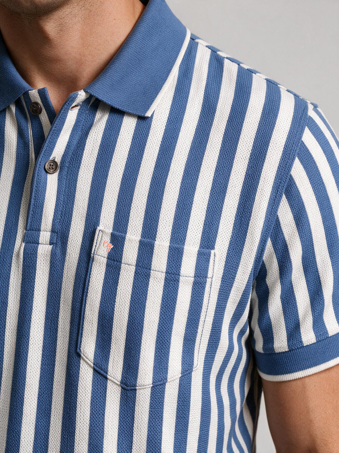 Slate Blue and Cream Striped Polo T Shirt