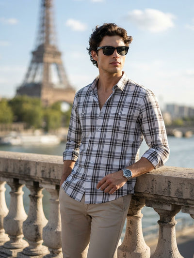 Cream Brown Checked Casual Shirt with Dual Chest Pockets