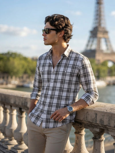 Cream Brown Checked Casual Shirt with Dual Chest Pockets