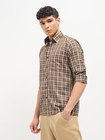 Brick Brown Checked Casual Shirt